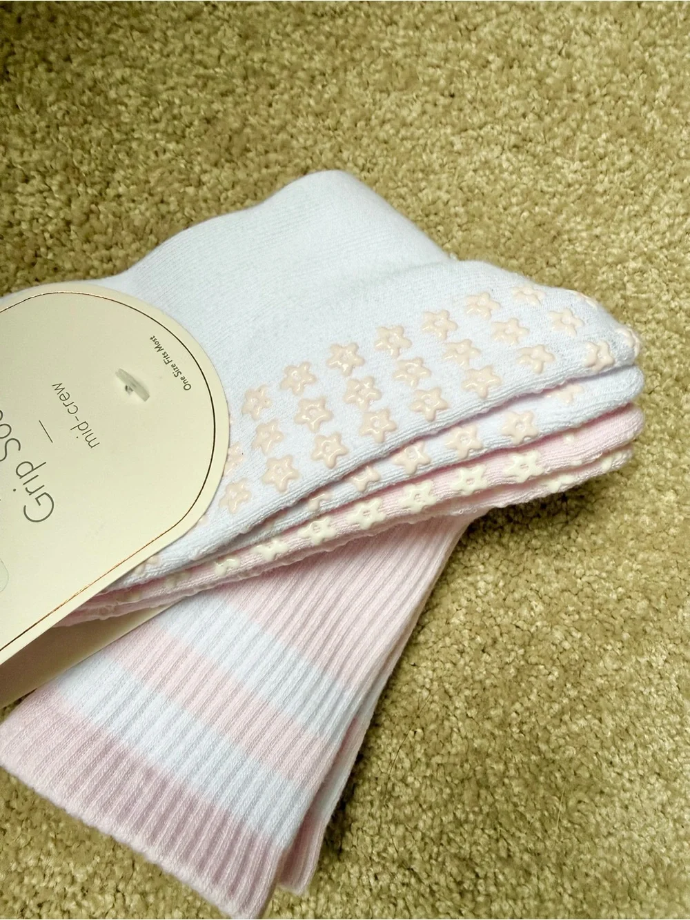 Balance Collection Women's Non-Slip Crew Socks - Light Pink & White